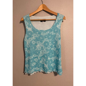 Biyaycda Womens Top Size Large Blue Floral Mesh Sleeveless Lettuce Hem Fairy Y2K